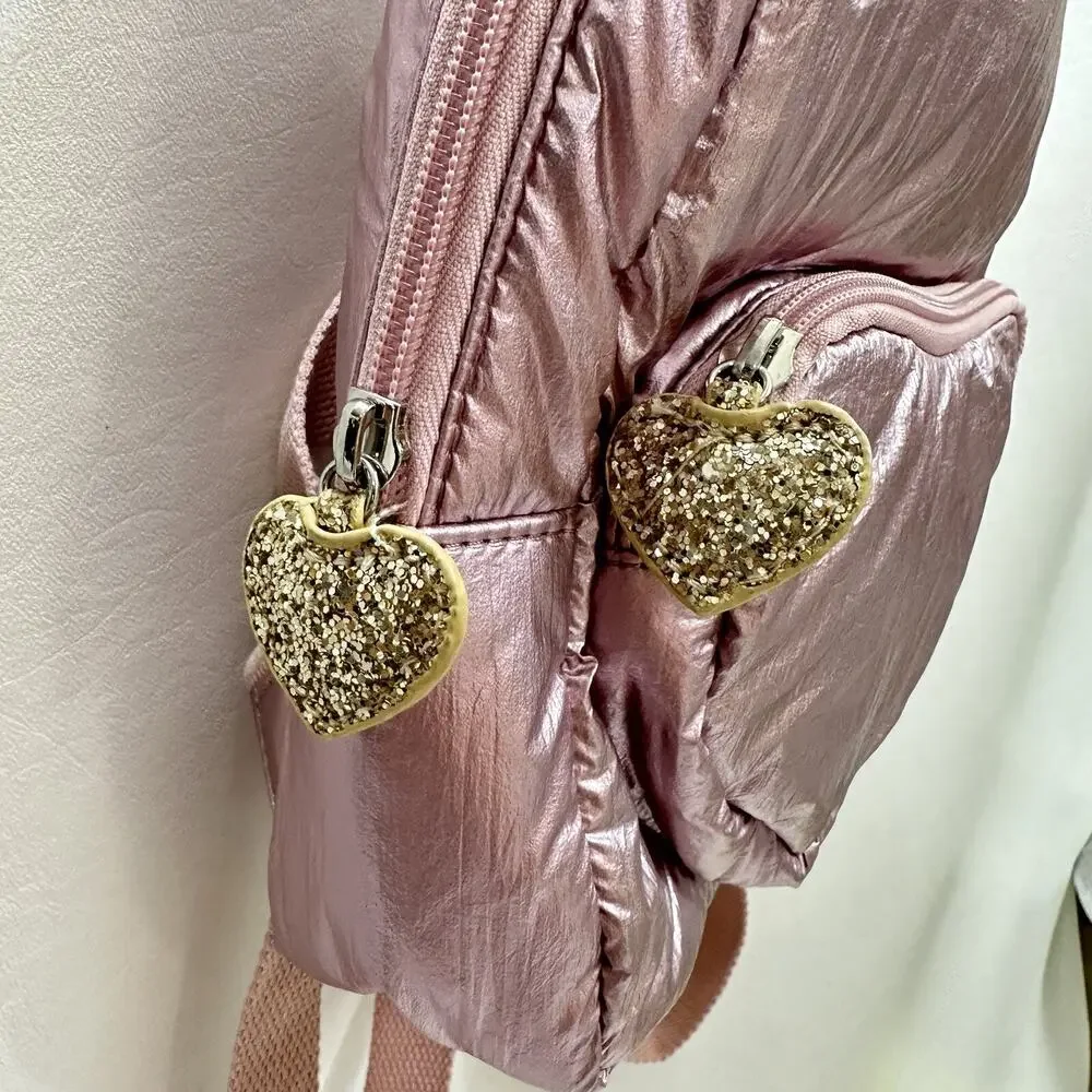 More Than Magic Backpack Kids Pale Pink Iridescent Metallic Heart Pocket Straps